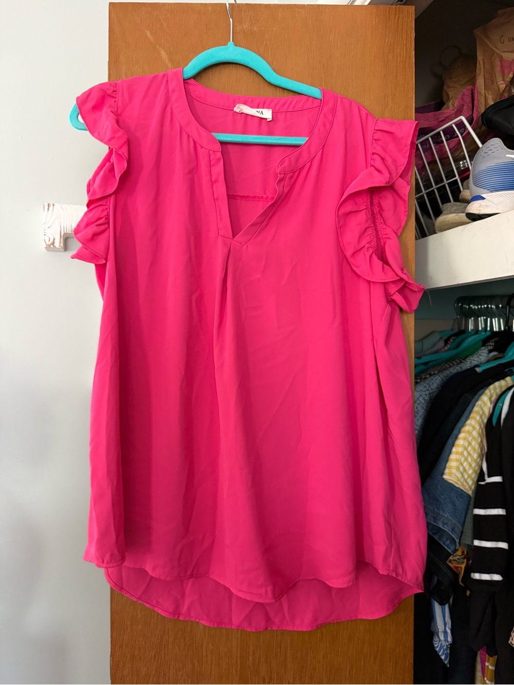 Bright Pink Ruffle Sleeve V-Neck Blouse